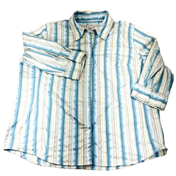 DressBarn Vintage Top Satin Metallic Stripe Turquoise XL Women Y2K Fairy Cottage - Picture 2 of 10